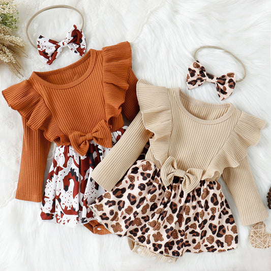 Printed Ruffled Bow Round Neck Bodysuit Dress 