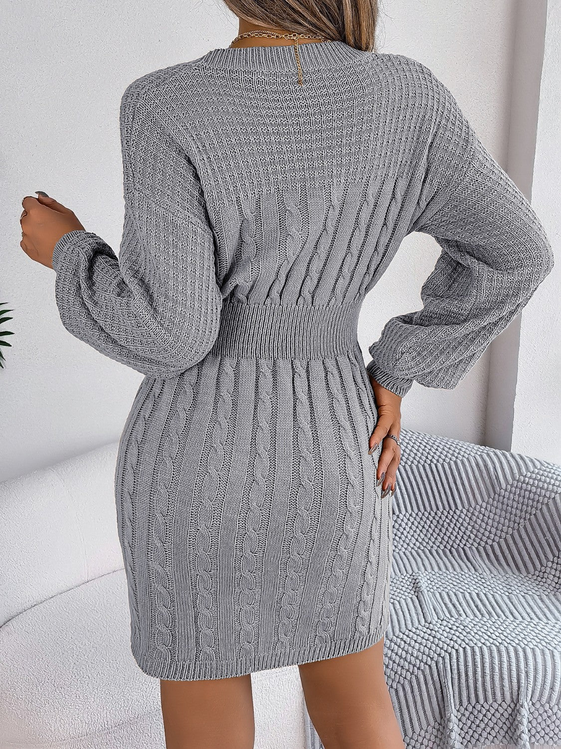 Cable-Knit Cutout Round Neck Slit Sweater Dress 