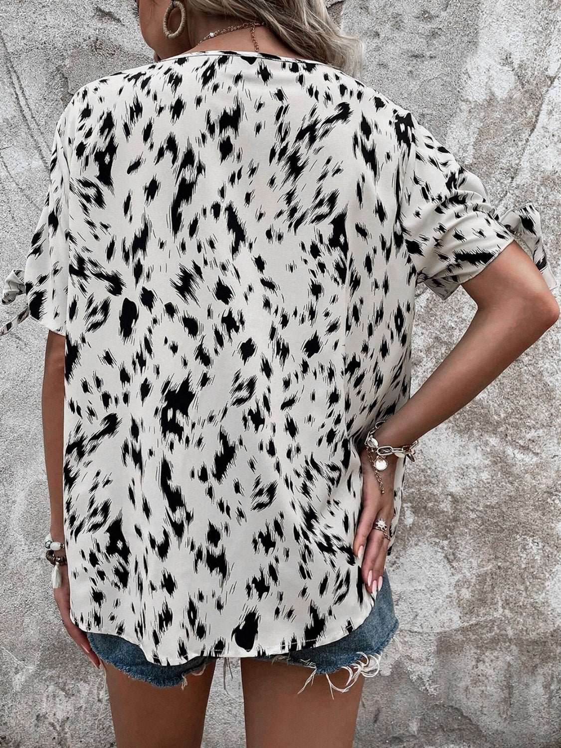 Tied Printed Boat Neck Blouse 