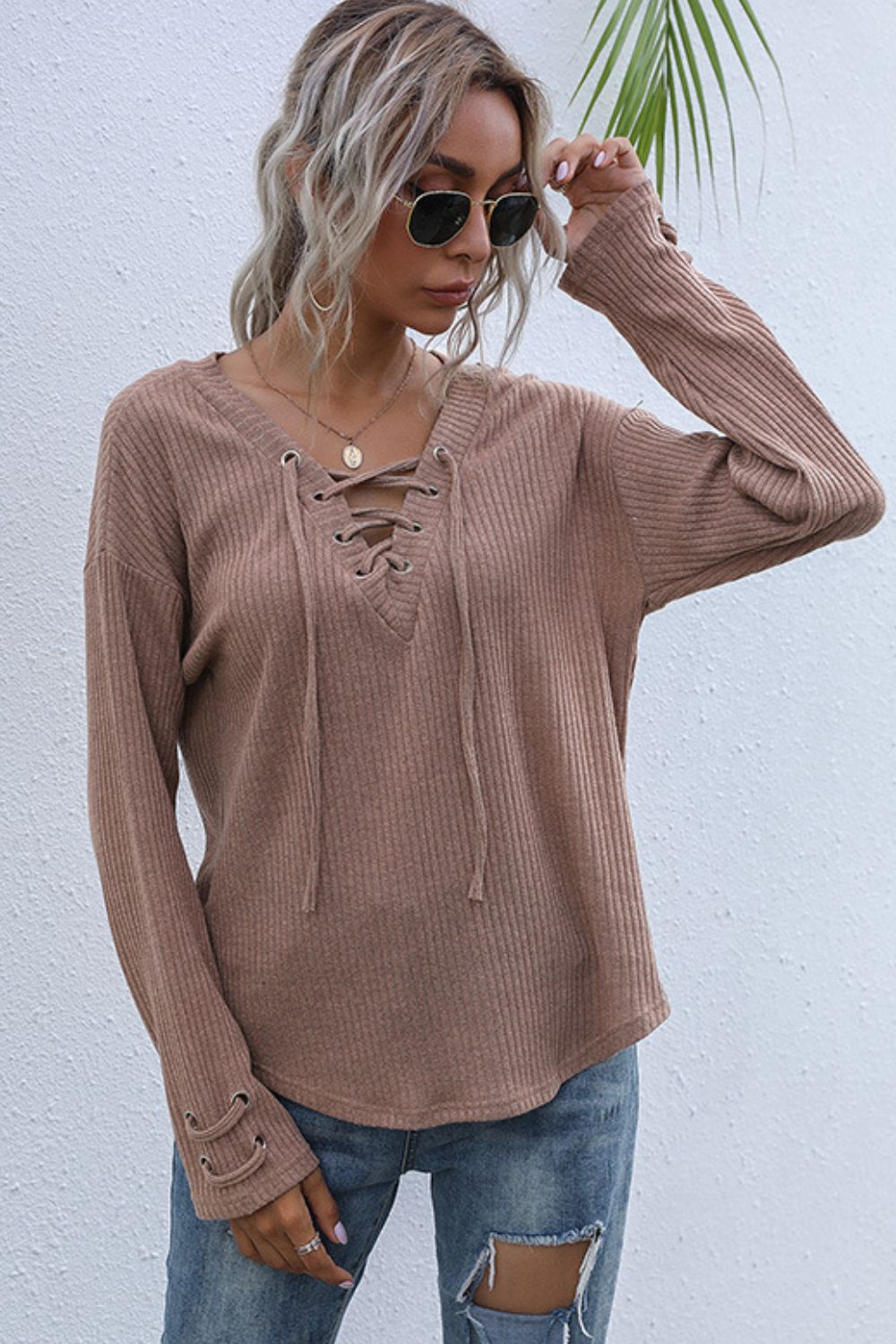 Lace-Up V-Neck Ribbed Top 