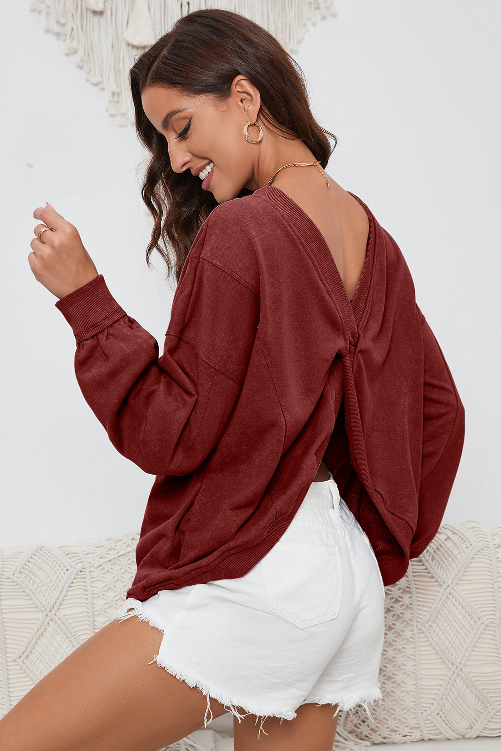 Twisted Round Neck Dropped Shoulder Sweatshirt 