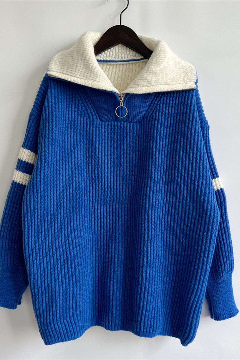 Quarter Zip Striped Dropped Shoulder Sweater 