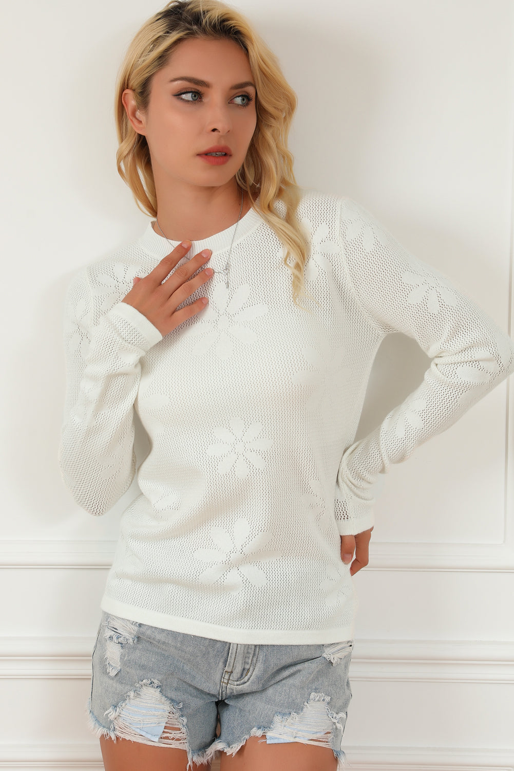 Floral Eyelet Round Neck Long Sleeve Knit Top 