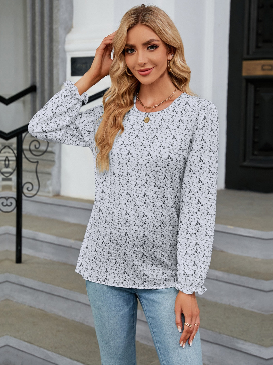 Printed Round Neck Flounce Sleeve Blouse 