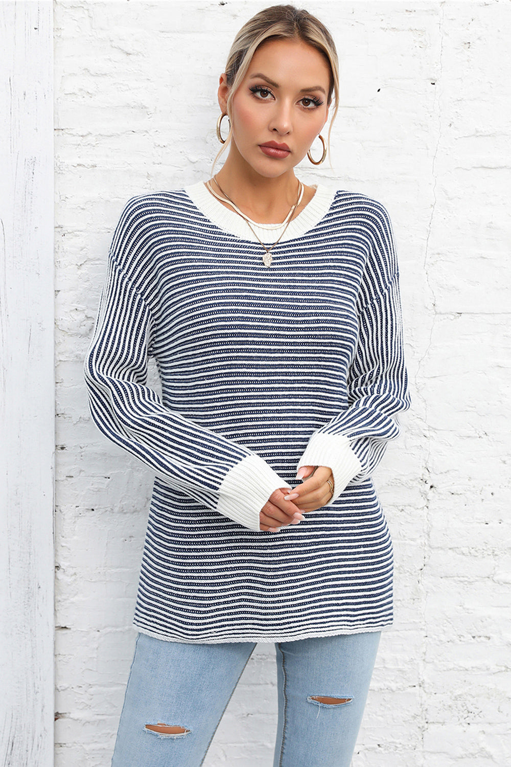 Striped Round Neck Long Sleeve Knit Top 