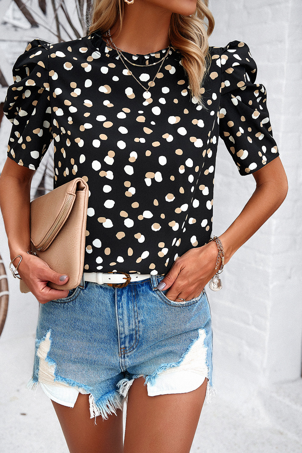 Tied Printed Puff Sleeve Blouse 