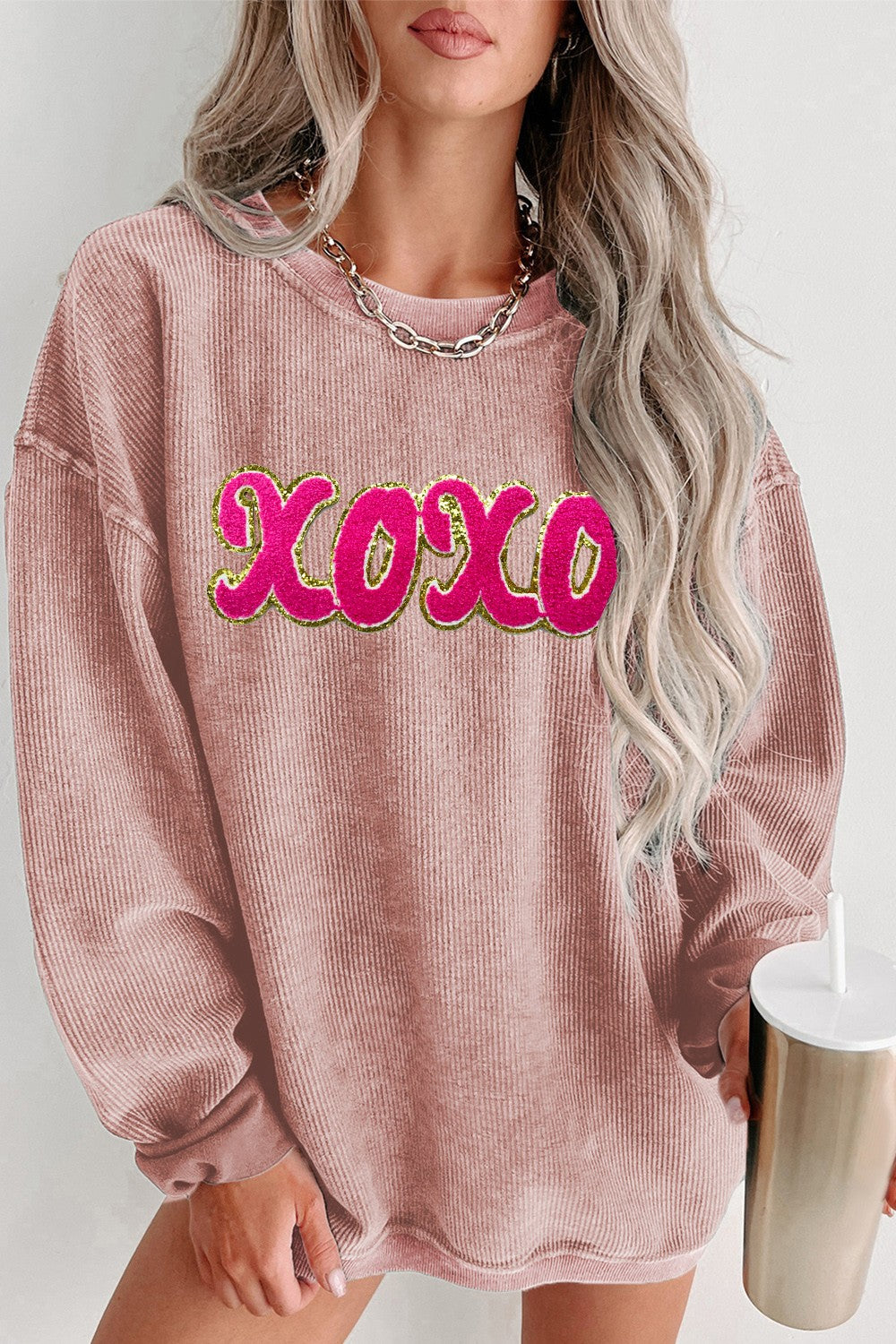 XOXO Sequin Round Neck Dropped Shoulder Sweatshirt - Babbazon sweatshirt