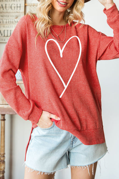 Slit Waffle-Knit Boat Neck Long Sleeve Sweatshirt 