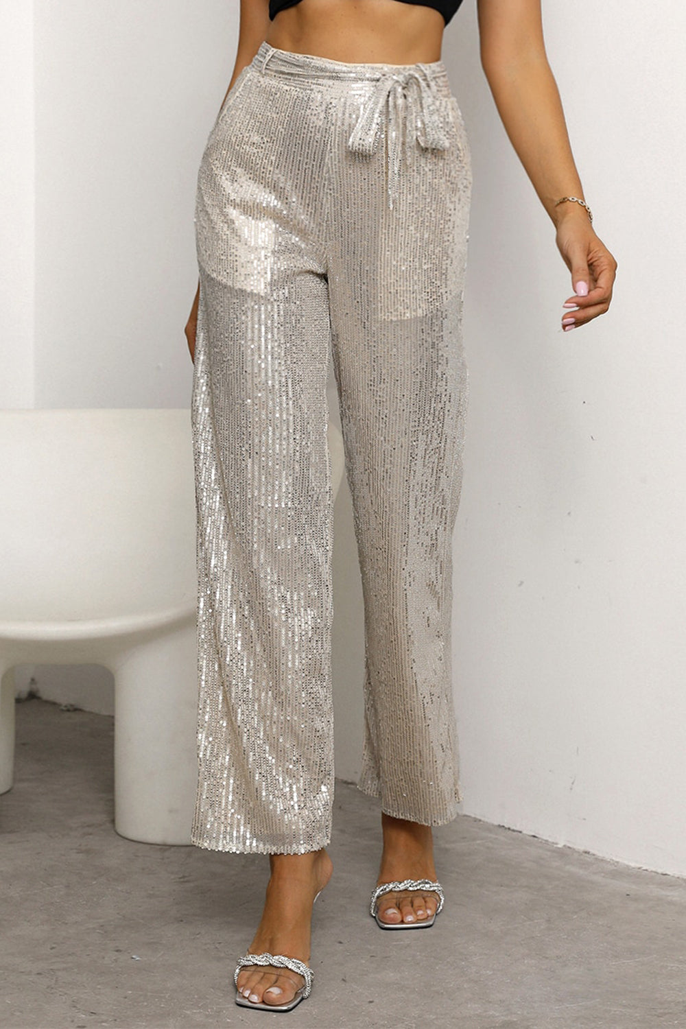 Sequin Tie Waist Straight Leg Pants 