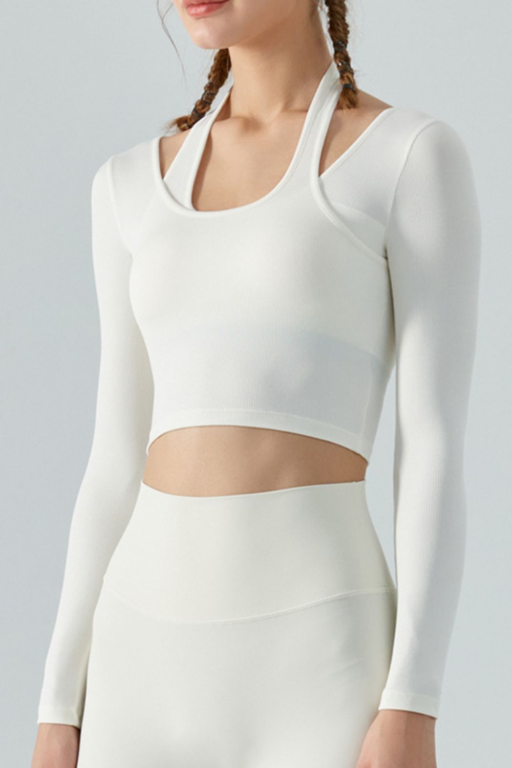 Halter Neck Long Sleeve Cropped Sports Top 