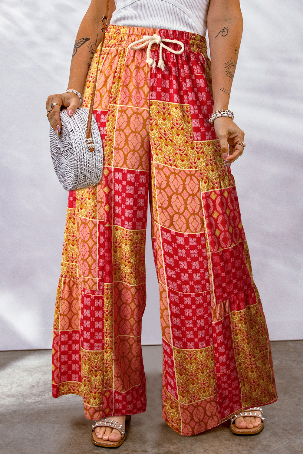 Bohemian Patchwork Drawstring Wide Leg Pants - Babbazon