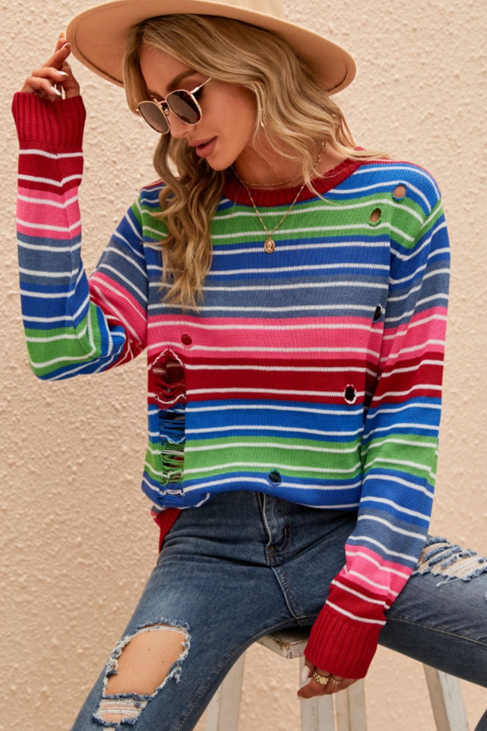 Striped Distressed Cutout Round Neck Sweater 