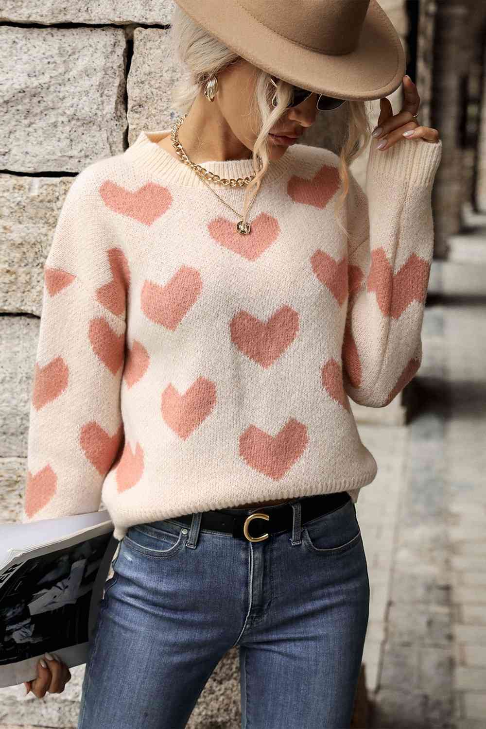 Heart Pattern Dropped Shoulder Sweater 