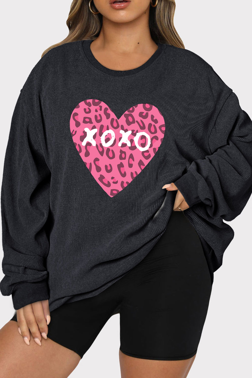 Plus Size XOXO Heart Round Neck Long Sleeve Sweatshirt - Babbazon sweatshirt