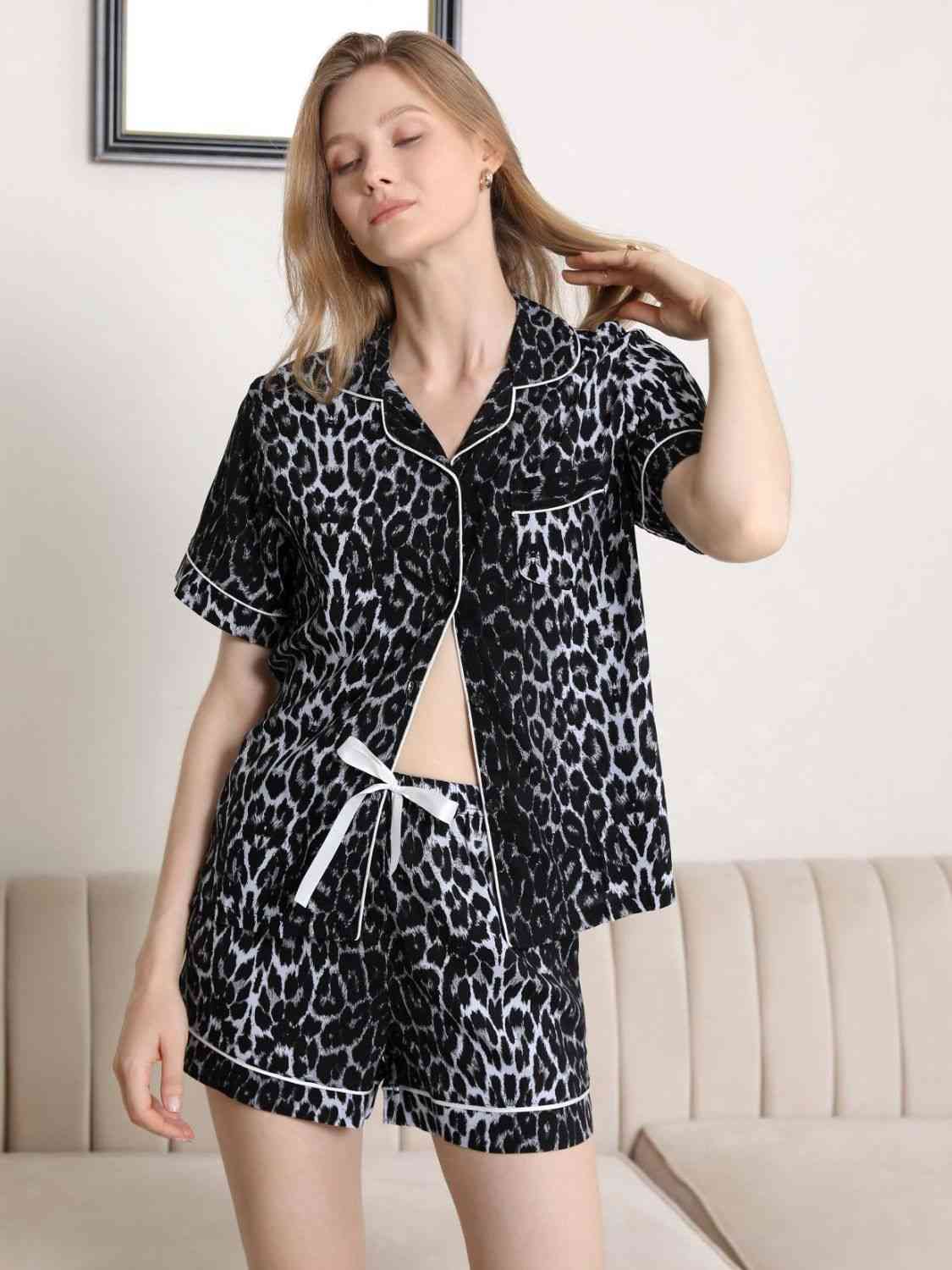 Lapel Collar Shirt and Shorts Pajama Set 