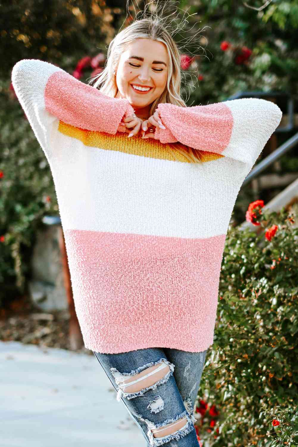 Plus Size Color Block Round Neck Sweater 