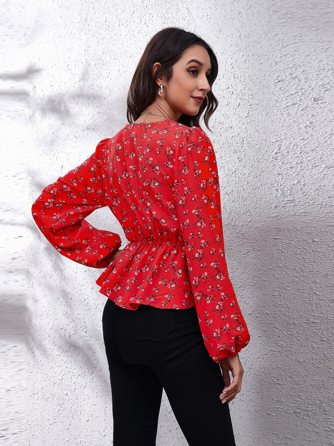 Floral V-Neck Balloon Sleeve Peplum Blouse 