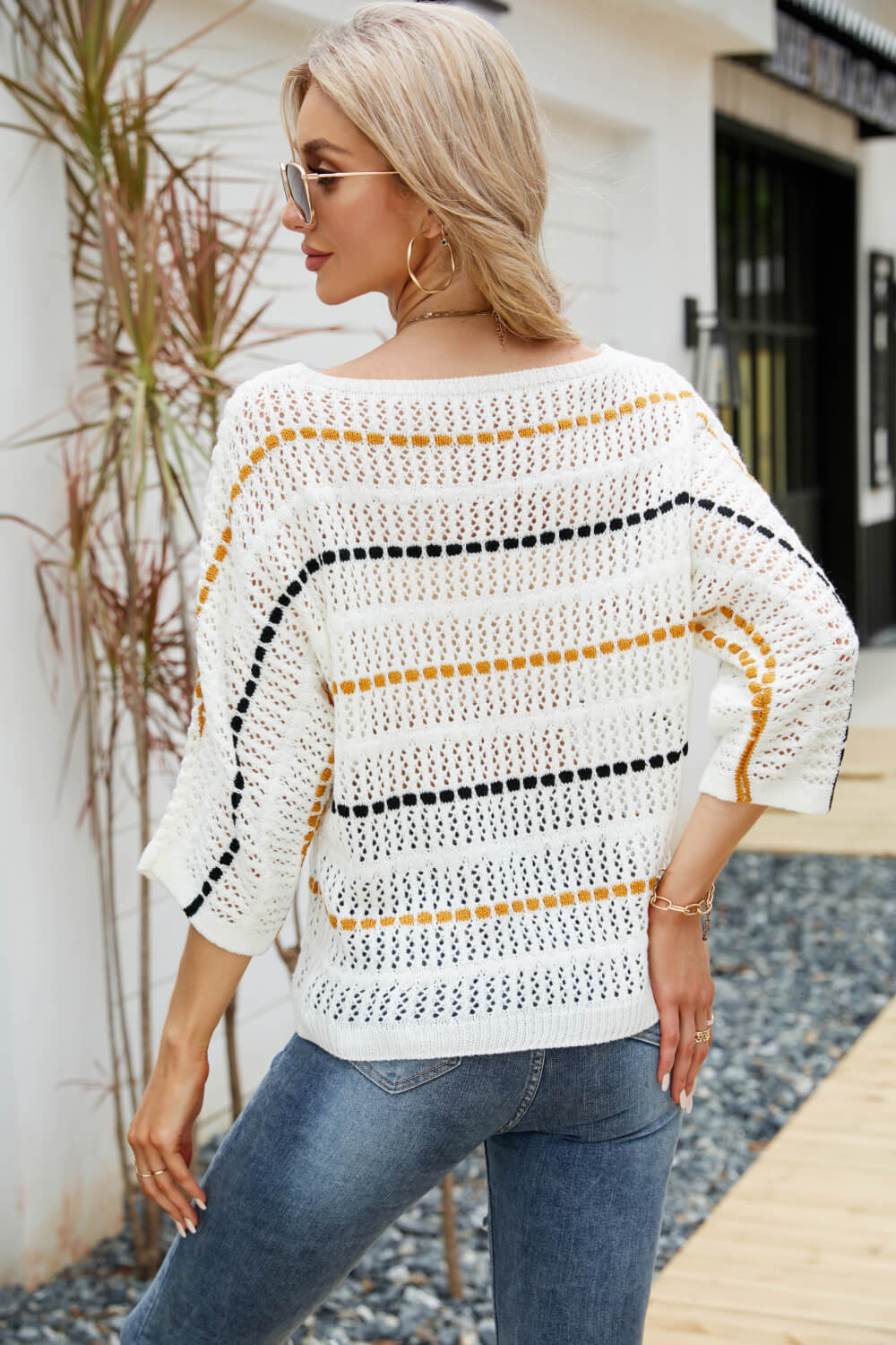 Striped Openwork Three-Quarter Sleeve Knit Top 