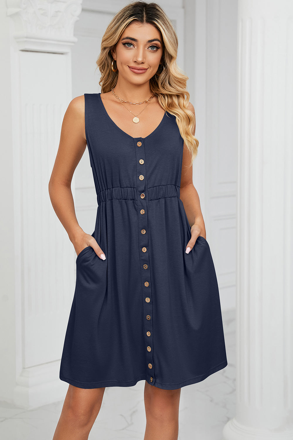 Buttoned Wide Strap Mini Dress 