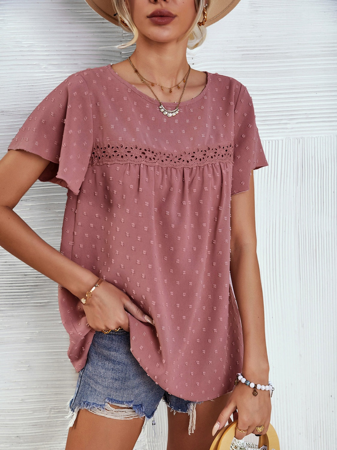 Lace Detail Round Neck Short Sleeve Blouse 