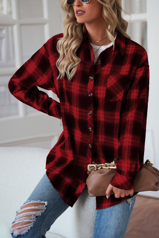 Plaid Button Up Dropped Shoulder Outerwear 