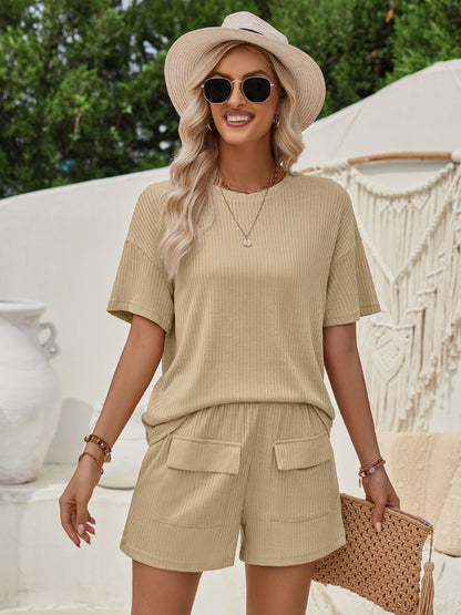 Ribbed Round Neck Top and Shorts Set 