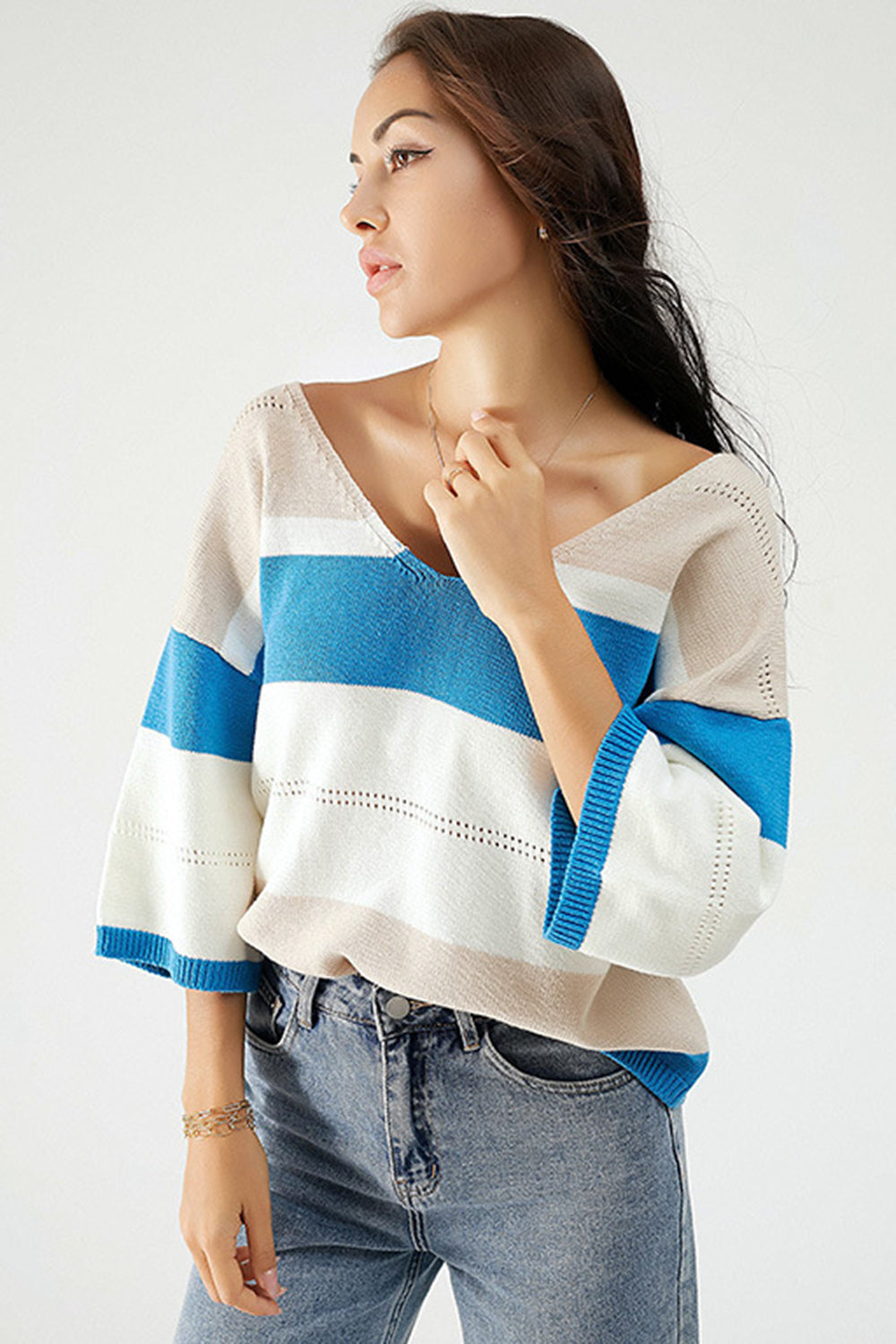 Color Block V-Neck Dropped Shoulder Sweater 