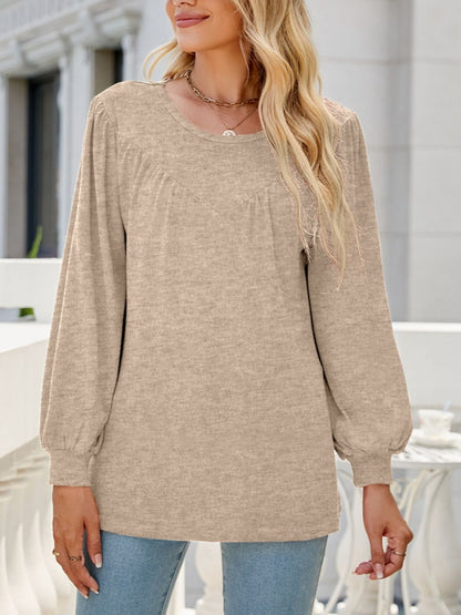 Heathered Round Neck Lantern Sleeve Blouse 