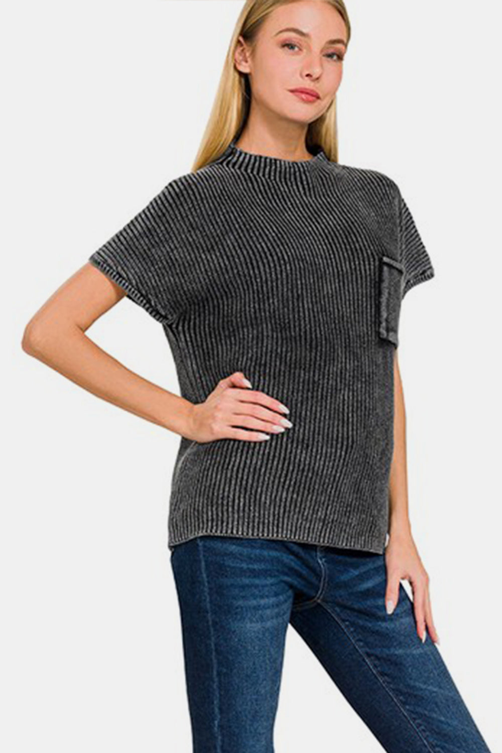 Zenana Pocketed Mock Neck Short Sleeve Sweater 