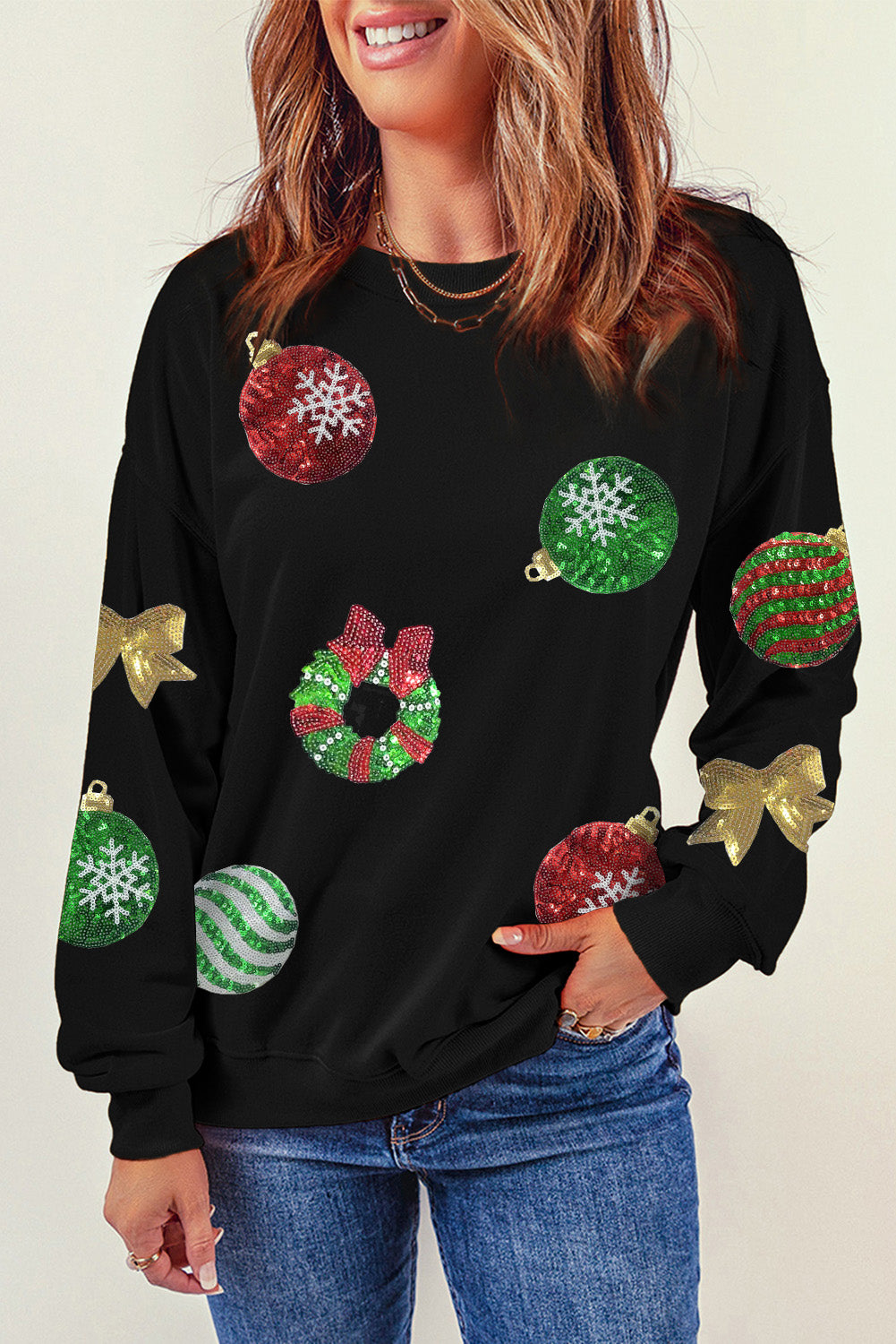 Sequin Patch Christmas Element Sweatshirt - Babbazon Sparkly Clothes