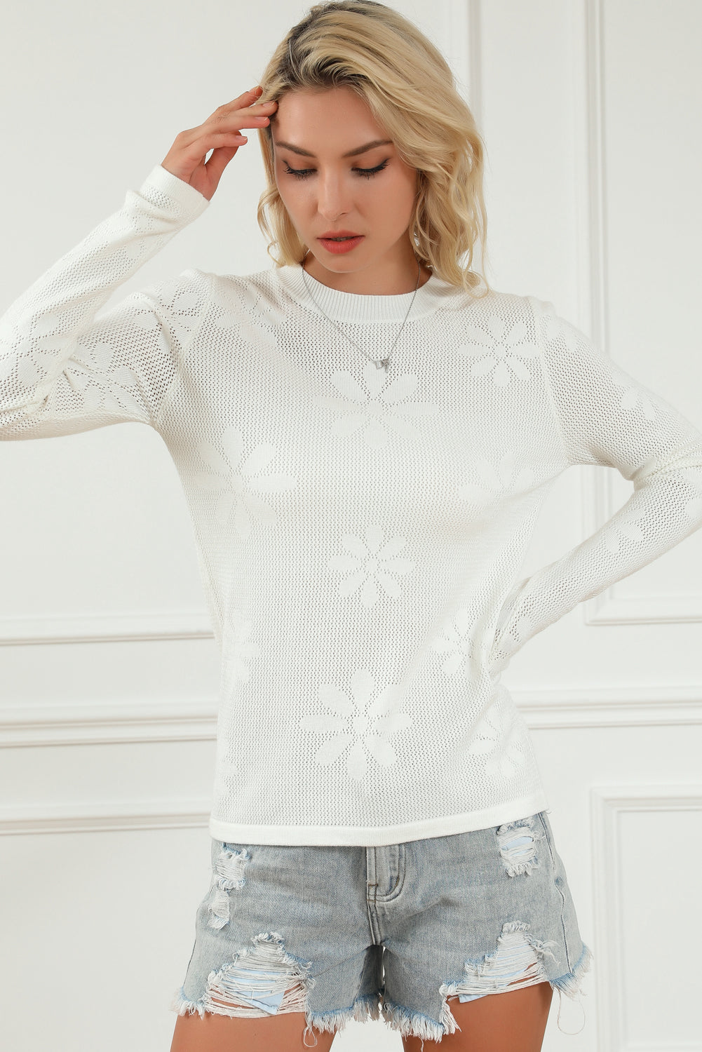 Floral Eyelet Round Neck Long Sleeve Knit Top 