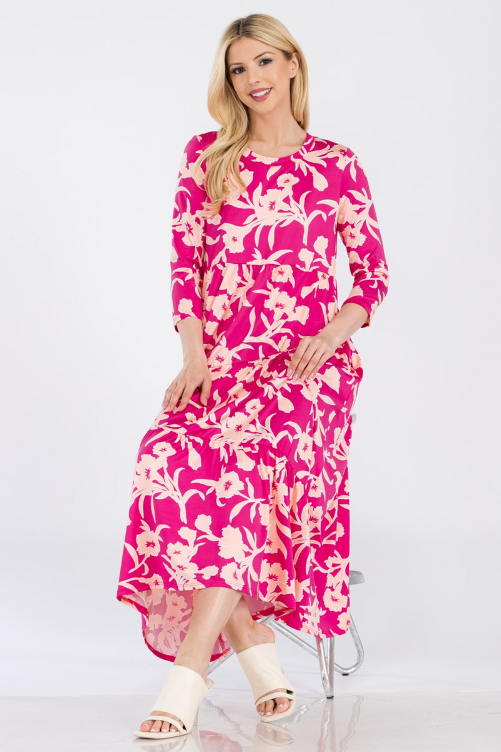 Celeste Full Size Floral Round Neck Ruffle Hem Dress 