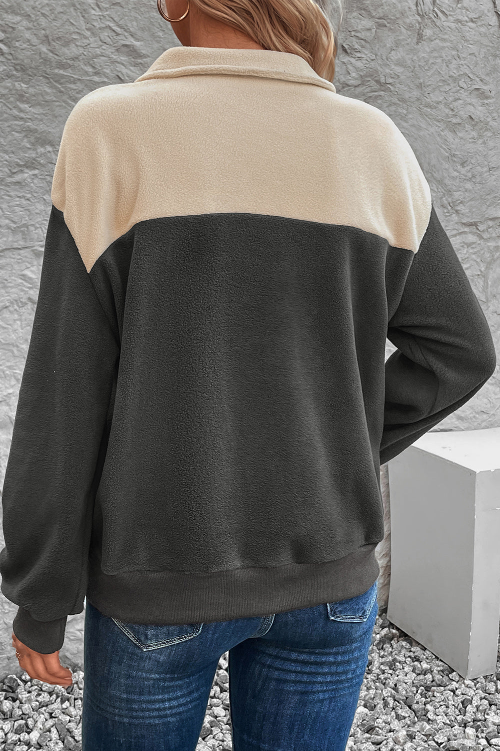 Color Block Quarter Button Dropped Shoulder Sweatshirt 