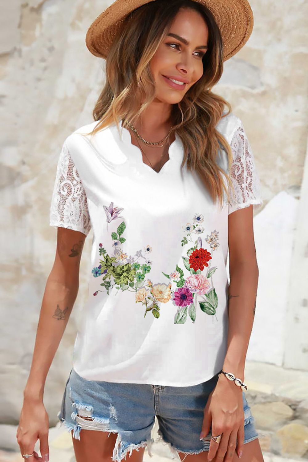 Floral Graphic Scalloped V-Neck Top 