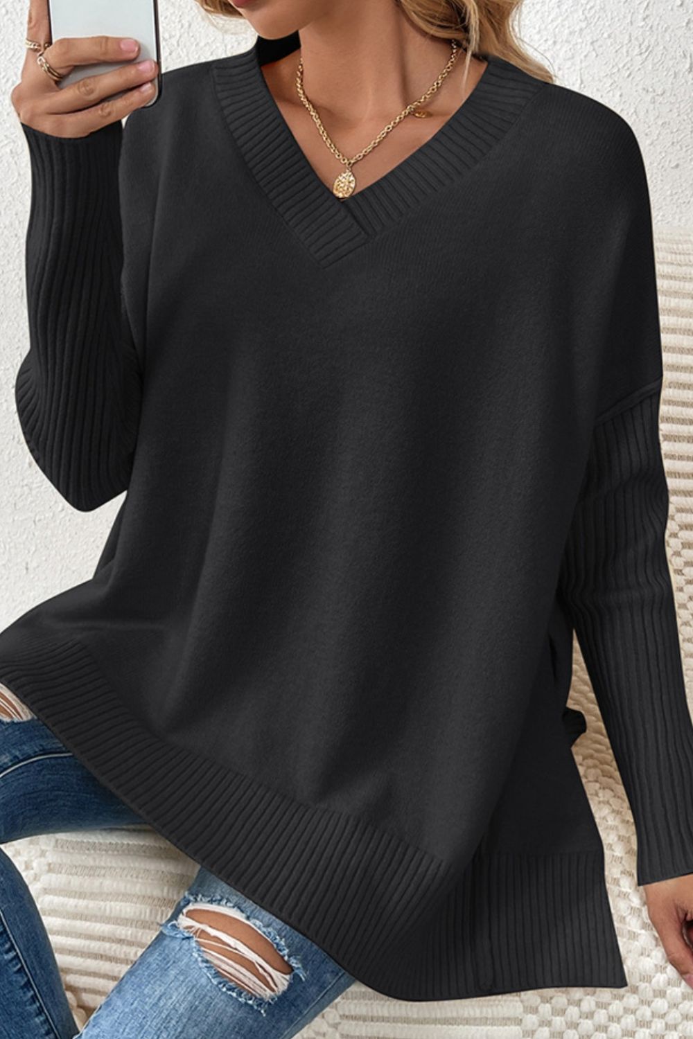 Slit V-Neck Dropped Shoulder Sweater 