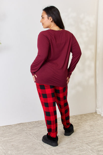 Zenana Full Size Plaid Round Neck Top and Pants Pajama Set 