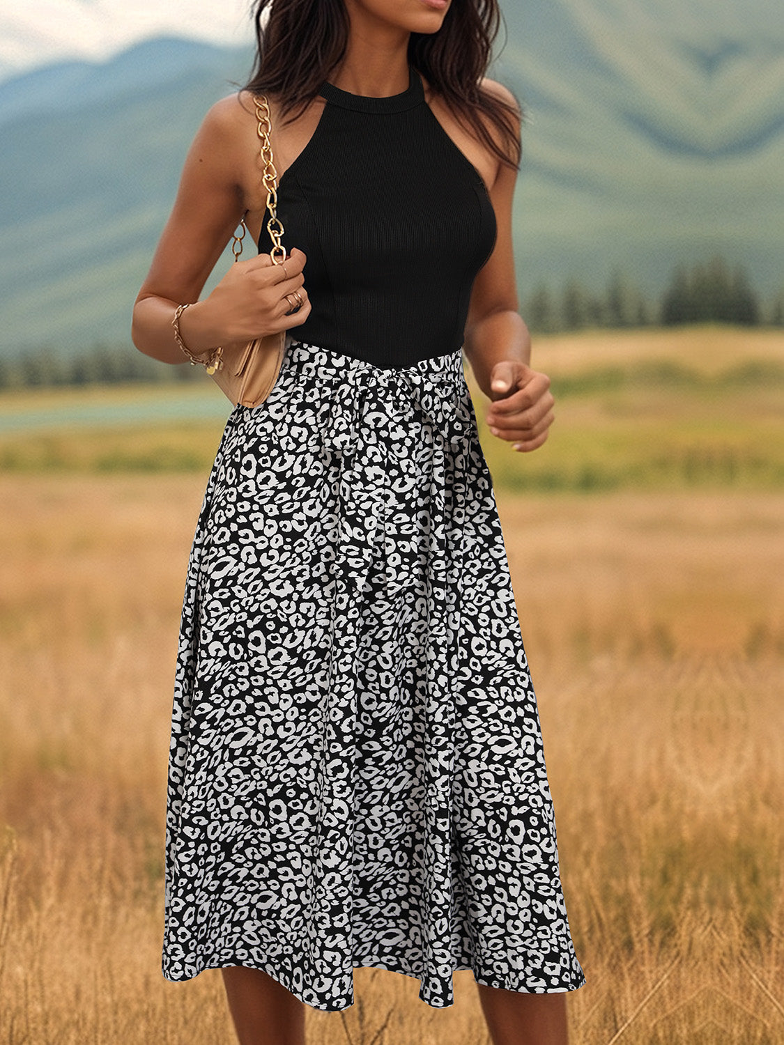 Leopard Halter Neck Midi Dress - Babbazon Midi Dress