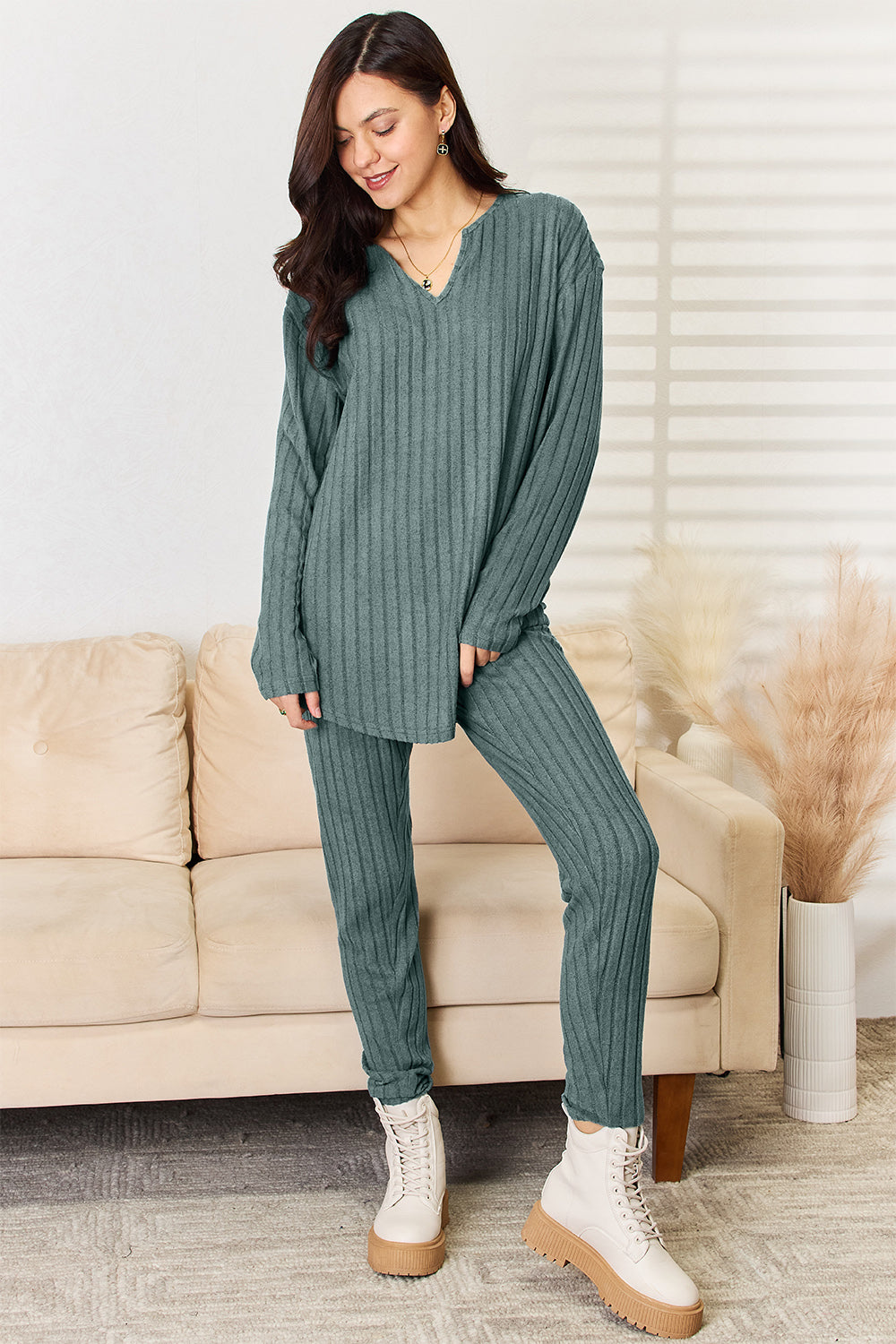 Basic Bae Full Size Notched Long Sleeve Top and Pants Set - Babbazon Women's Tops