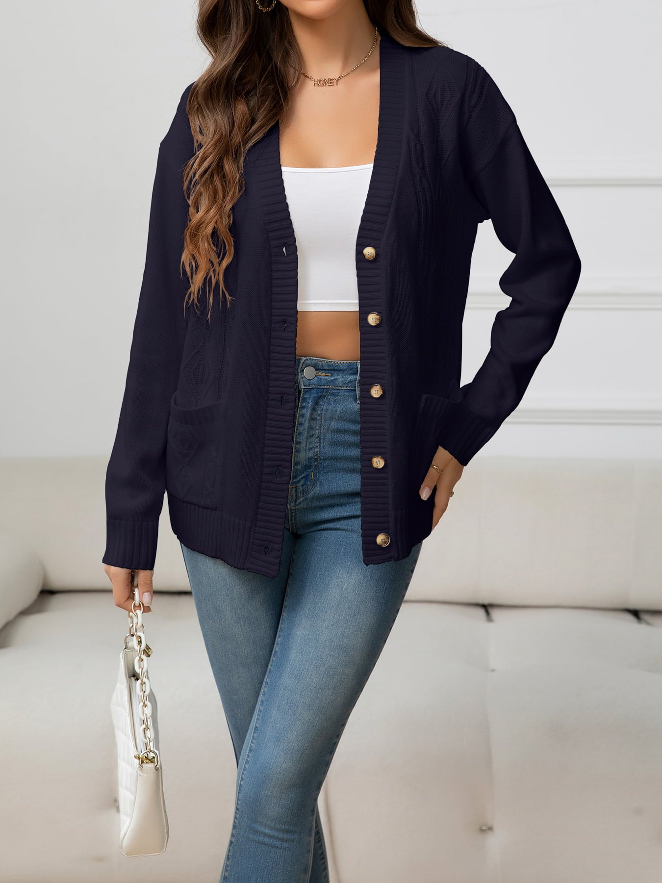 V-Neck Long Sleeve Buttoned Knit Top with Pocket 