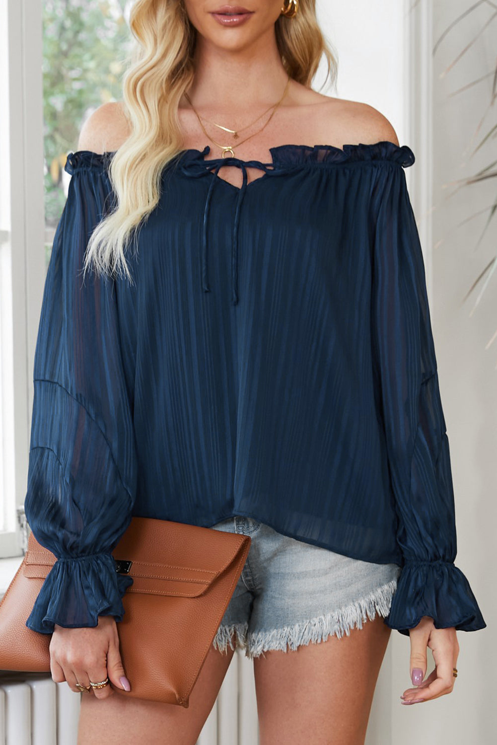 Frill Tied Off-Shoulder Flounce Sleeve Blouse 