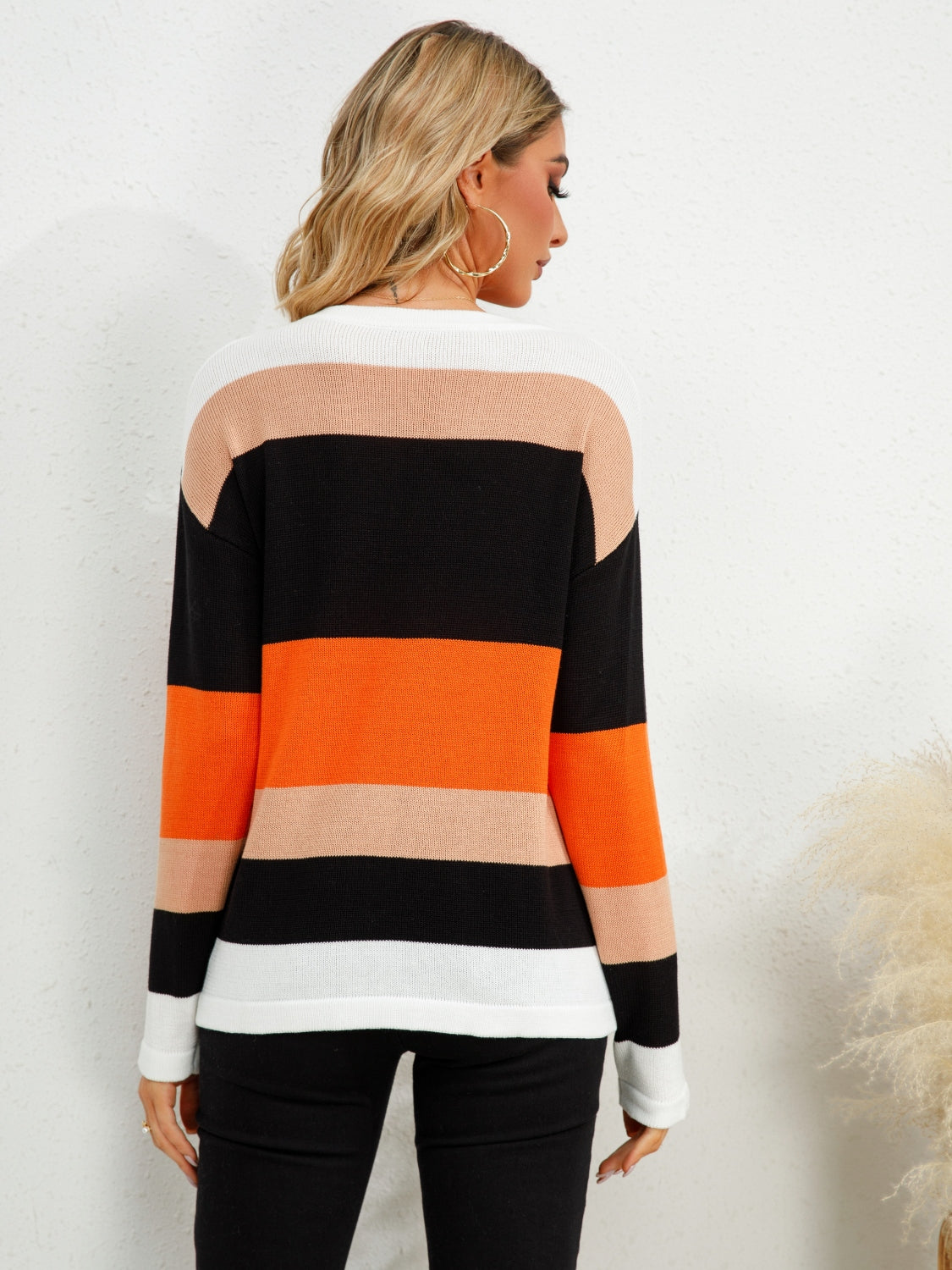 Striped Round Neck Dropped Shoulder Sweater 