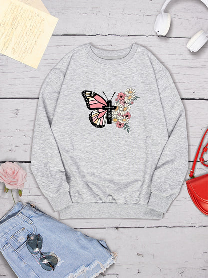 Butterfly Round Neck Dropped Shoulder Sweatshirt 