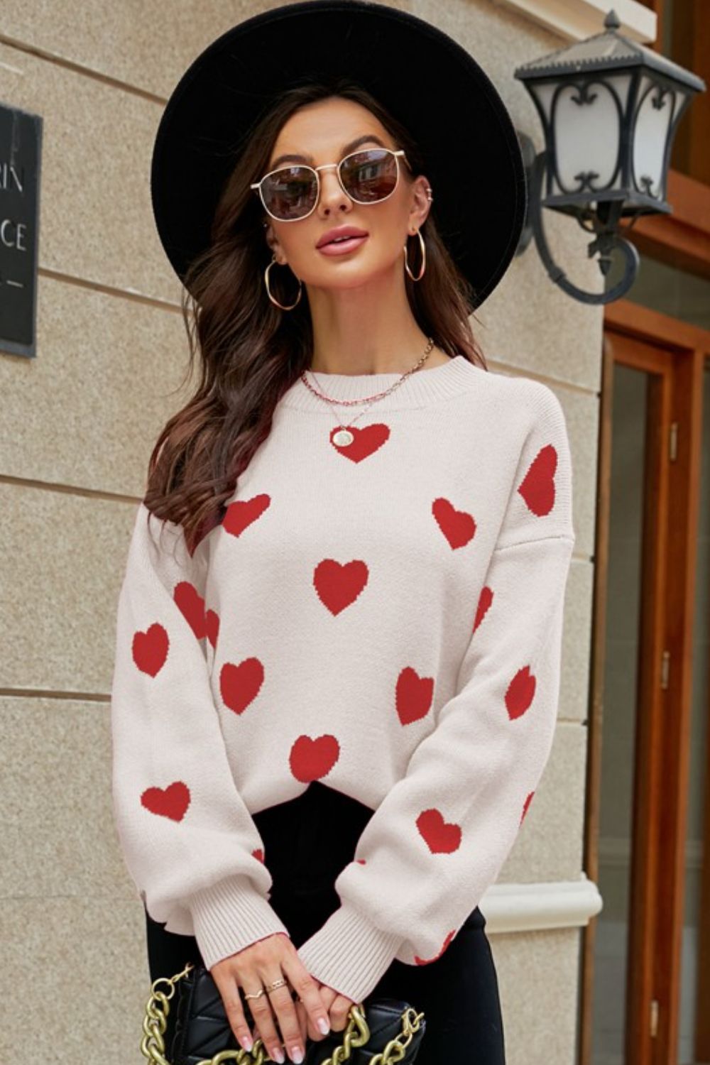 Woven Right Heart Pattern Lantern Sleeve Round Neck Tunic Sweater 