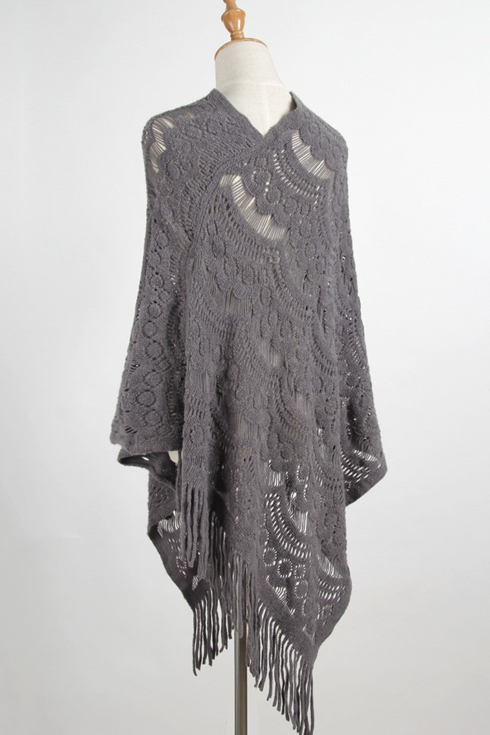 Fringe Openwork Surplice Cape Sleeve Poncho 