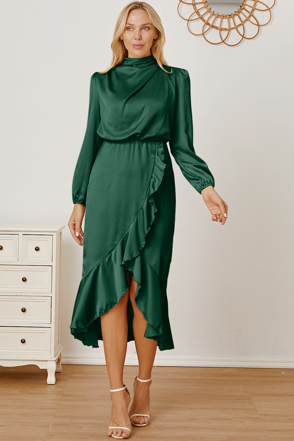 Mock Neck Ruffled Asymmetrical Dress - Babbazon Midi Dress