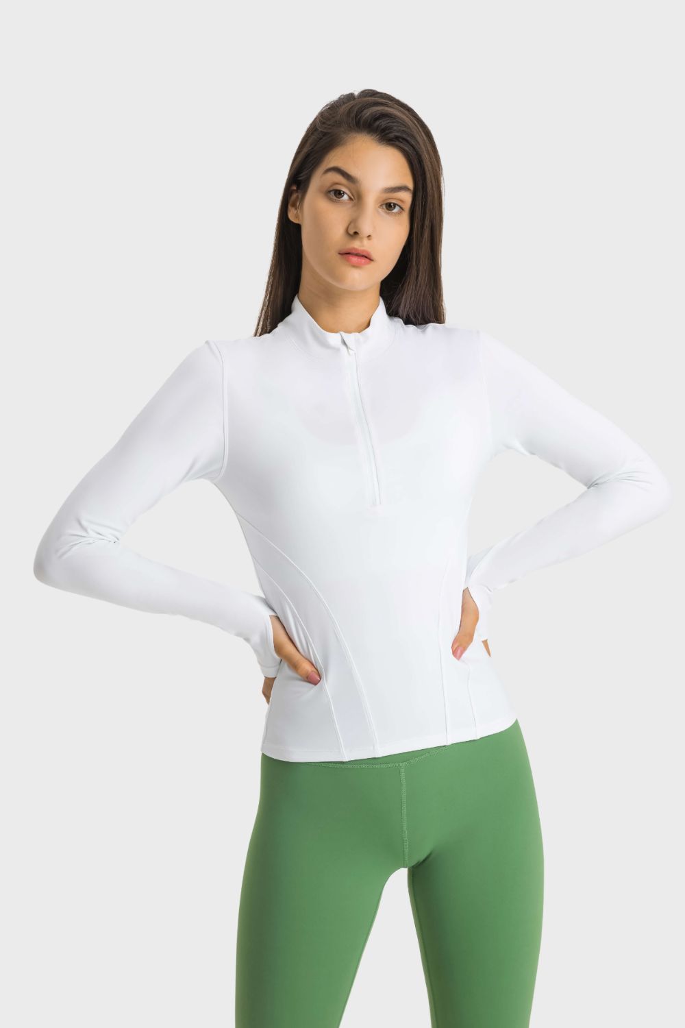 Half Zip Thumbhole Sleeve Sports Top - Babbazon Tops