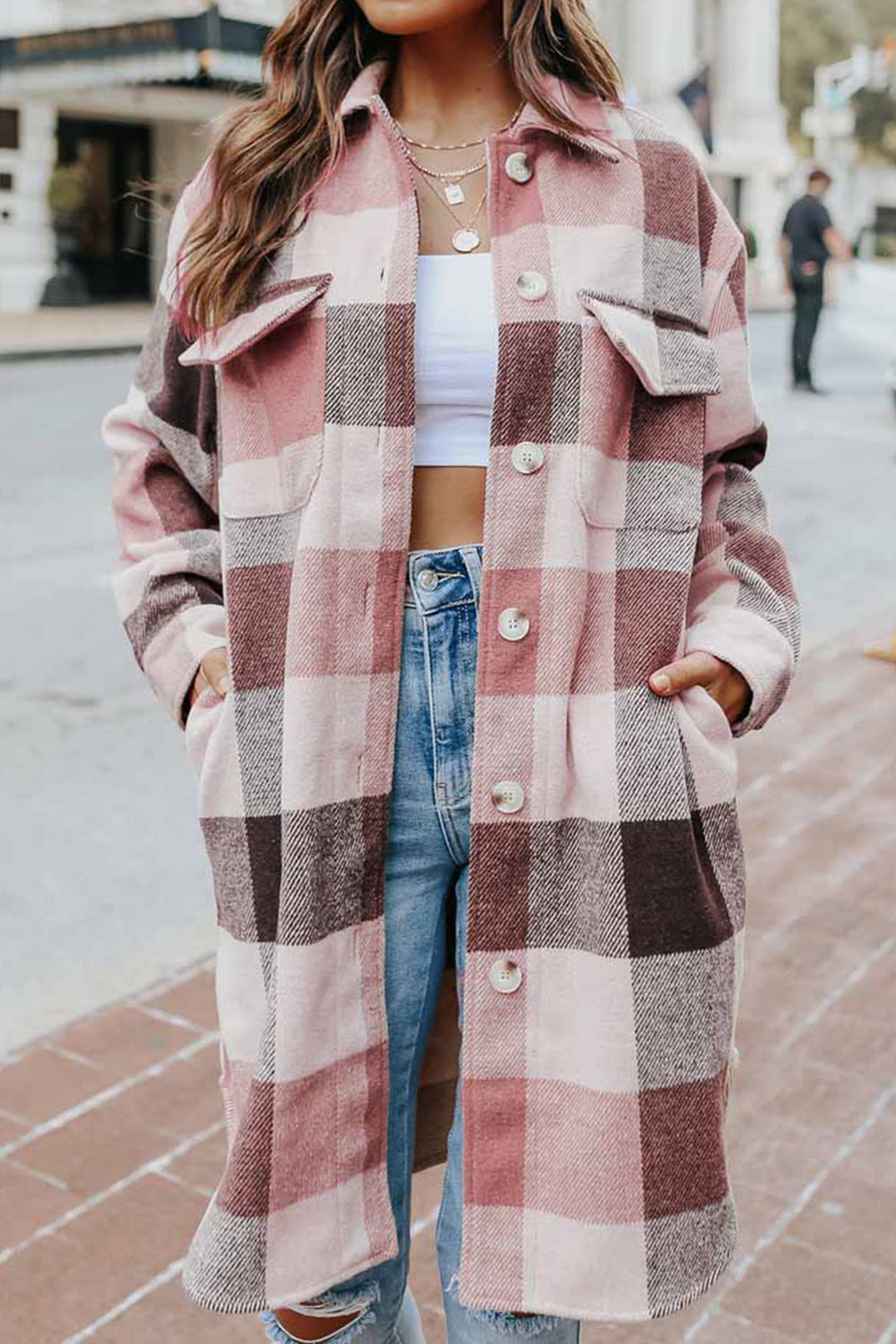 Plaid Button Up Dropped Shoulder Coat 