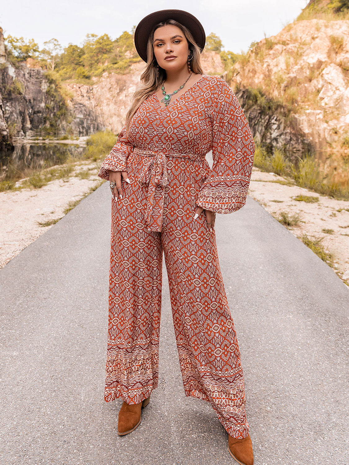 Plus Size Printed V-Neck Tie Front Balloon Sleeve Jumpsuit 