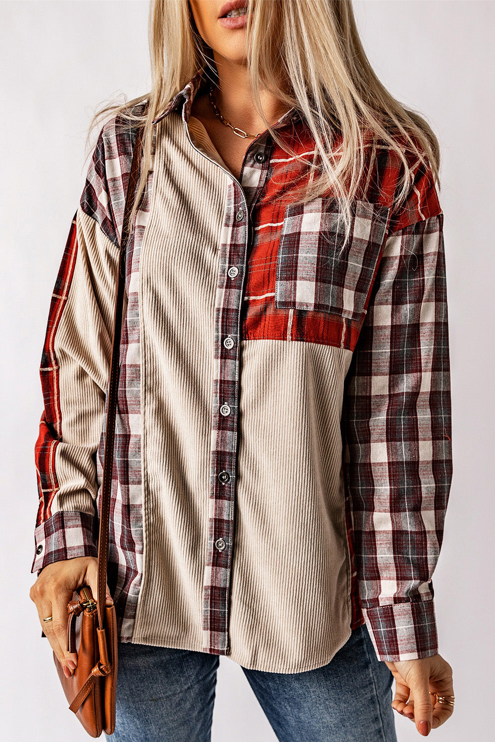 Plaid Collared Neck Buttoned Shirt with Pocket - Babbazon Tops