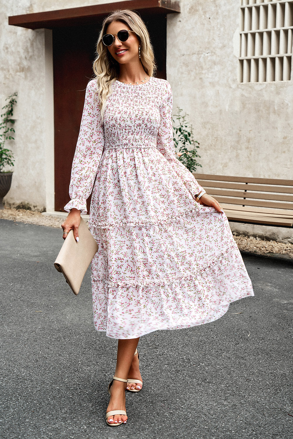 Smocked Flounce Sleeve Midi Dress 